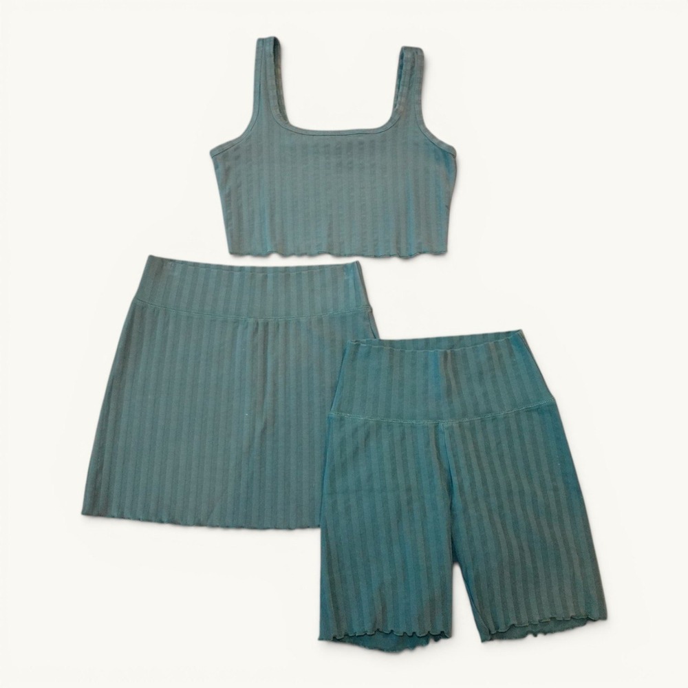 Ribbed Teal Skirt Set – Crop Tank, Mini Skirt & Bike Shorts